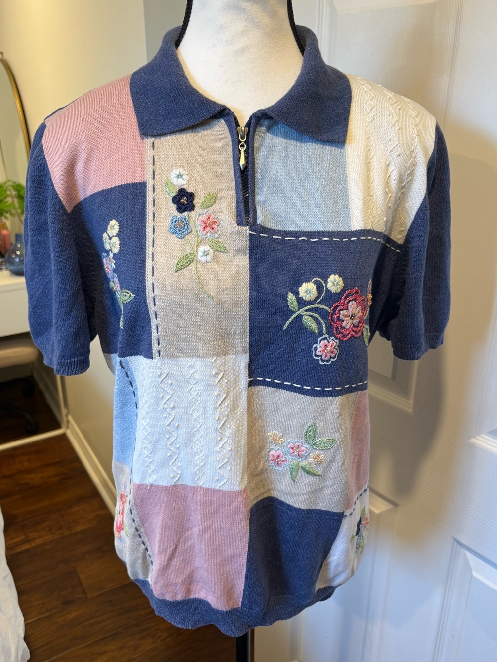 Alfred Dunner Embroidered Patchwork Knit Polo Top XL Cottagecore Floral